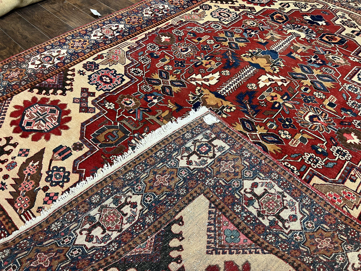 USED Antique Persian Heriz Rug 8x12 ft, Geometric Tribal Room Sized Carpet, Camel Hair Red Navy Blue, Wool Hand Knotted Medallion Oriental Carpet