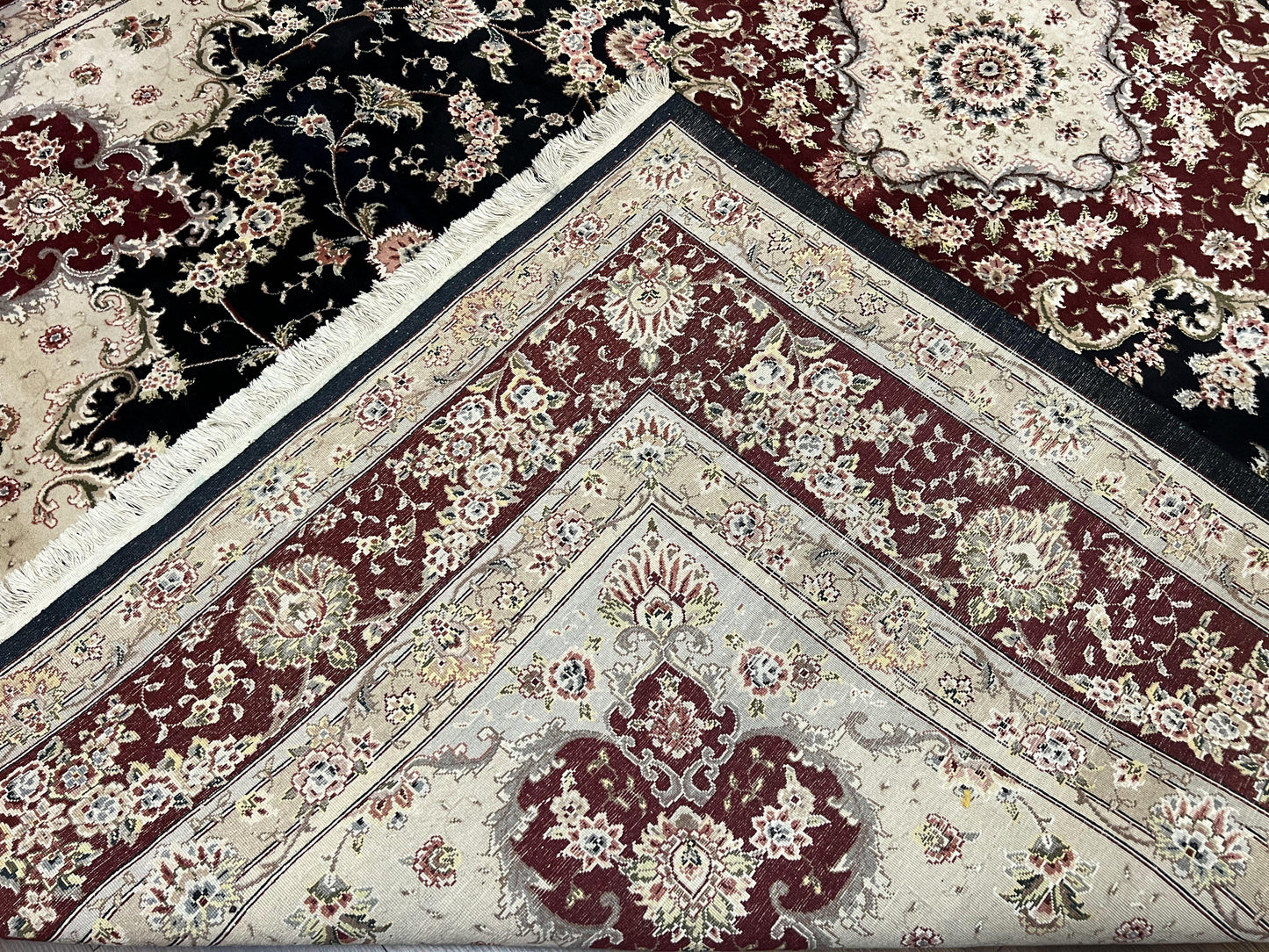 USED Pak Persian Rug 8.8 x 10.6, Floral Medallion, Wool and Silk Hand Knotted Fine Oriental Carpet, Elegant Rug, Black Gray Burgundy, Room Sized