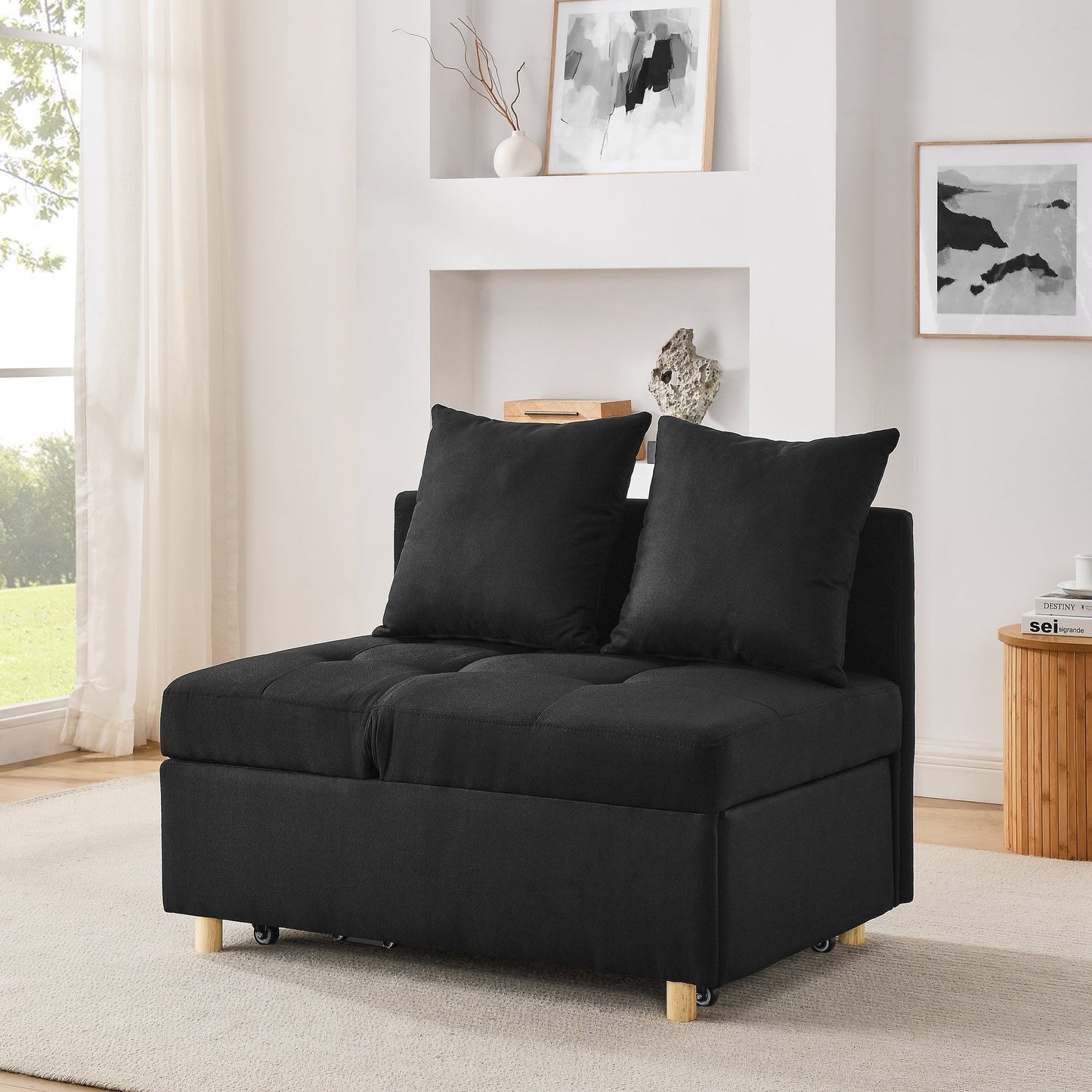 NEW Convertible Sleeper Sofa Chair Adjustable Backrest Recliner with Pullout Sofa Bed with Wheels, Modern Linen Fabric for Living Room for Tight Spaces, Black