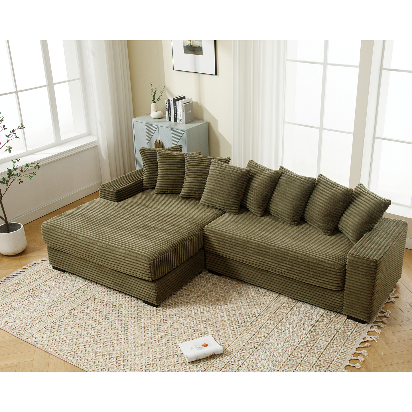 NEW NEW ARRIVED] [VIDEO PROVIDED] Oversized Two-Piece Couches, L Shaped Sofa, Corduroy, Left Chaise Daybed,with Armrests,Eight Throw Pillows,Corner Sofa,Easy To Assemble, Green