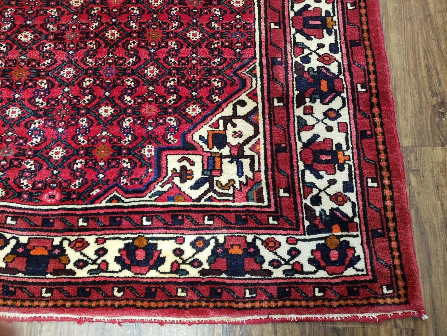USED Vintage Persian Hamedan Rug 7x10, Angelas Mahi Pattern, Red, Wool, Hand-Knotted