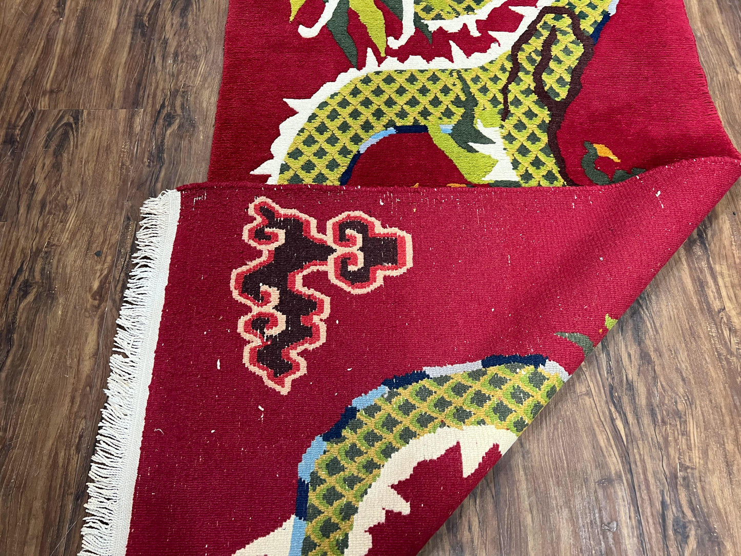 USED Vintage Chinese Dragon Rug 3 x 6.8, Handmade Hand Knotted Red Chinese Carpet with Gold Dragon, Art Deco Peking Soft Chinese Rug Runner