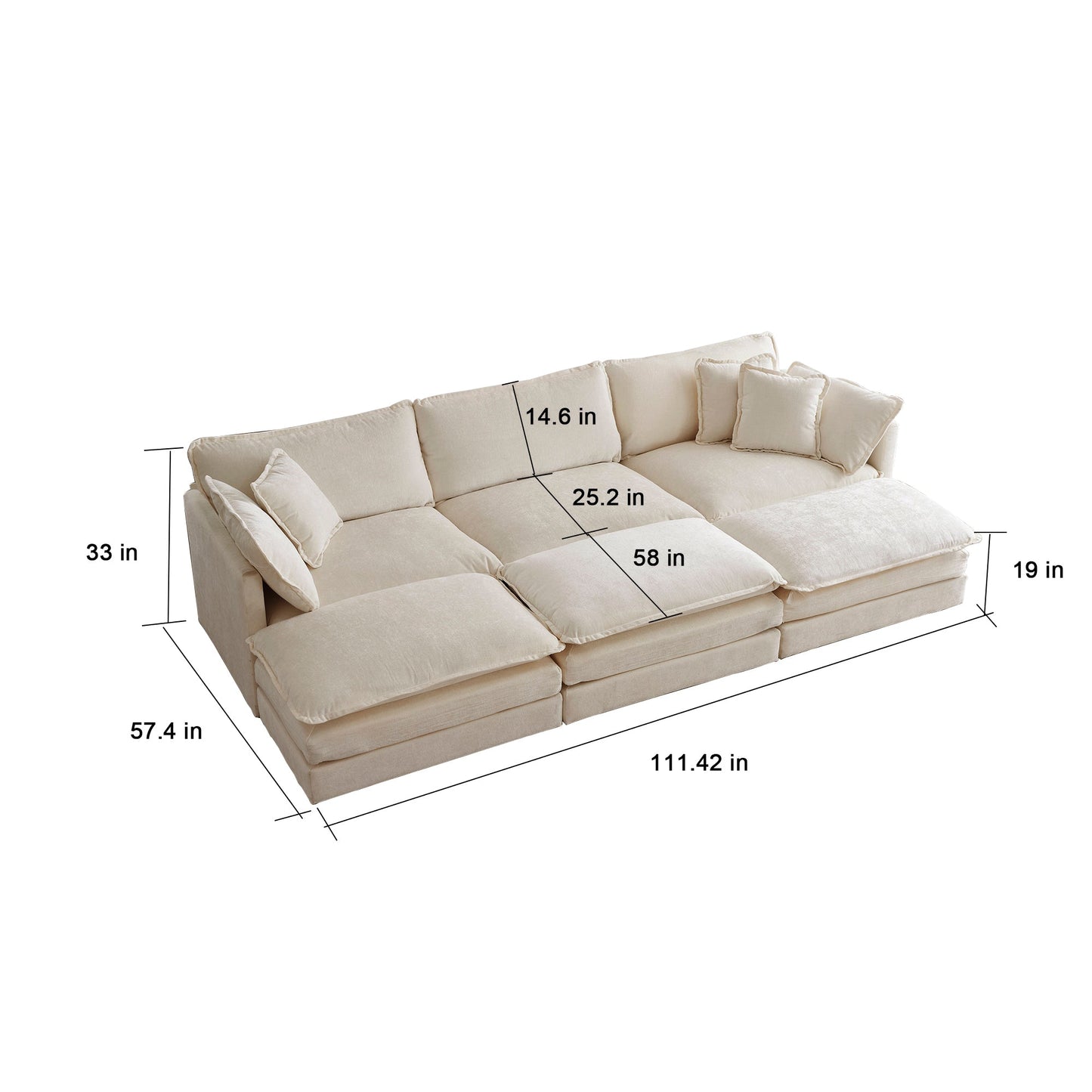 NEW Comfortable Deep Seat Reversible Modular 6 Seater Sectional Super Soft Sofa U Shaped Sectional Couch with 3 Ottomans, 3 Toss Pillows and 2 Arm Pillows , Beige Chenille