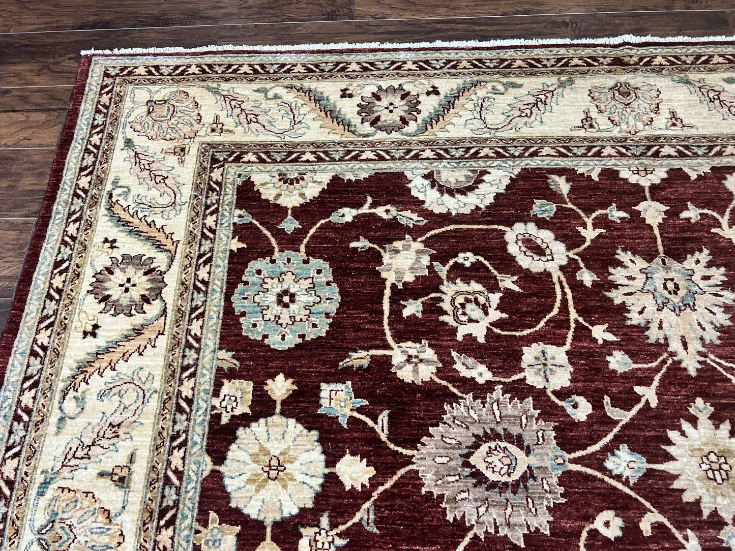 USED Peshawar Rug 9x11, Pakistani Oriental Carpet, Maroon and Beige, Floral Allover, Wool Hand Knotted Handmade Vintage Rug