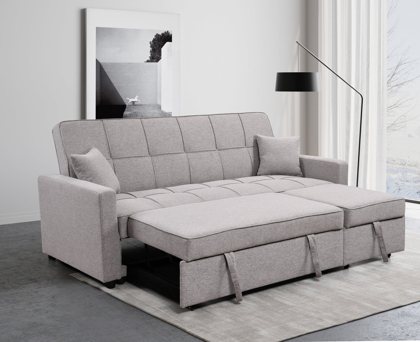 NEW 83' Light Gray 3 Seater Convertible Sofabed Oversized Upholstered Sofa Bed with Pull Out Couch Bed & Adjustable Backrest