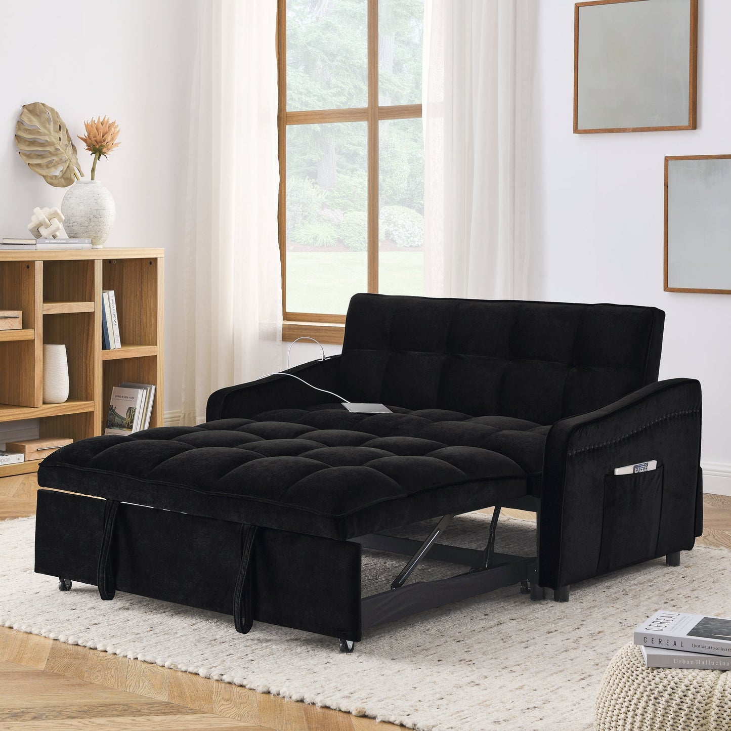NEW Loveseats Sofa Bed with Pull-out Bed,Adjsutable Back and Two Arm Pocket,TypeC and USB Charging with Copper nail,Black (47'x53'x31')