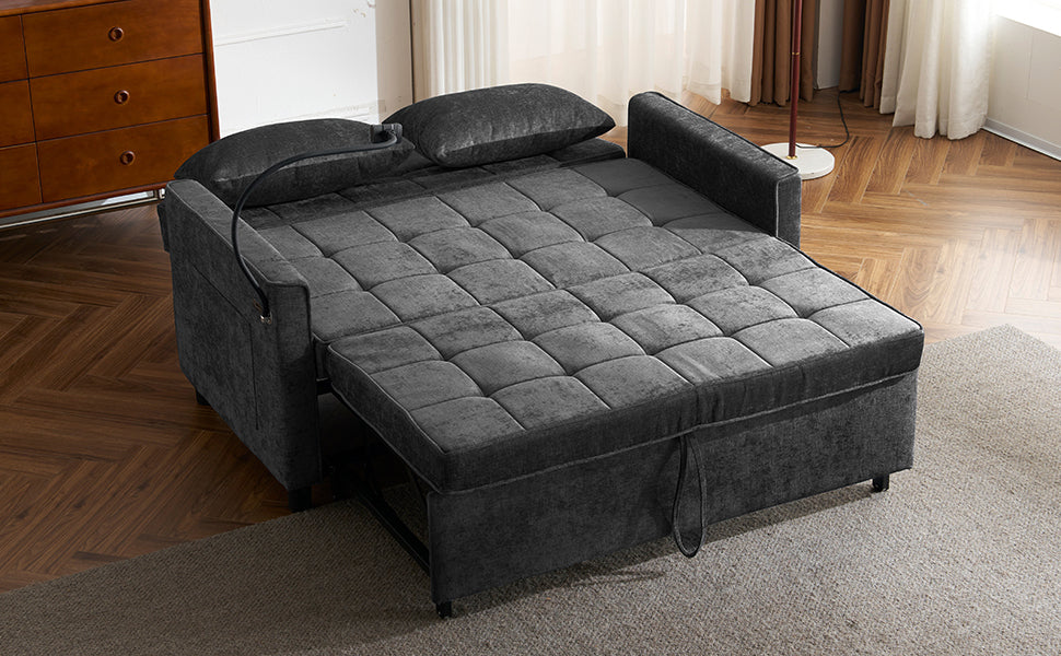 NEW Contemporary 56.9' Loveseat Sofa Bed Sleeper with Reversible Backrest, Side Pockets, USB Ports, Phone Holder, Black Chenille