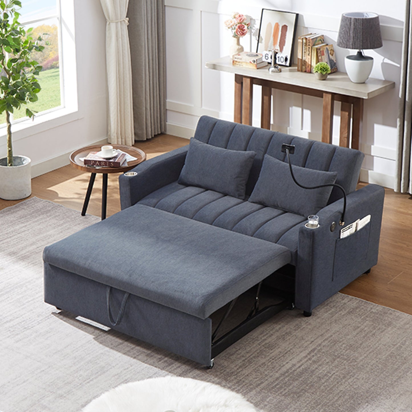 NEW Convertible Sofa Bed Loveseat with USB Ports, Side Pockets, Cup Holders, and Phone Holder in Blue Grey Bella Fabric, 55.9'