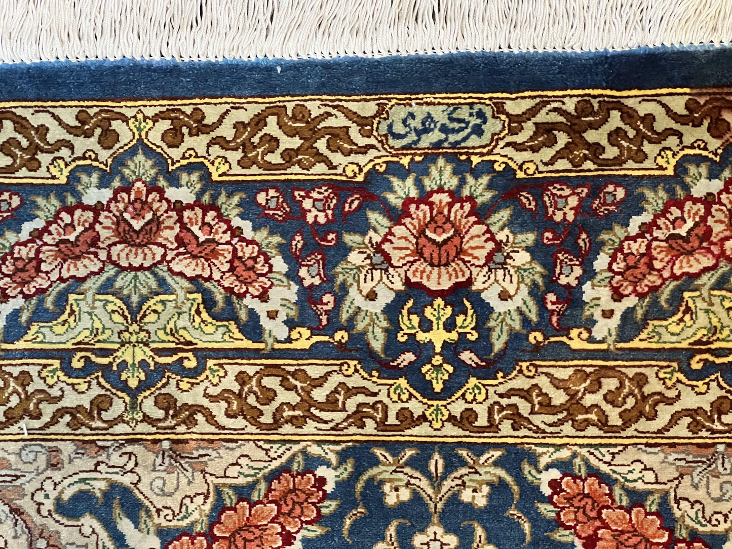 USED Magnificent Persian Qum Silk Rug 3x5, Blue, Super Fine 675 KPSI - 70 Raj, Floral Roses, Handmade Vintage Silk Carpet, Masterpiece