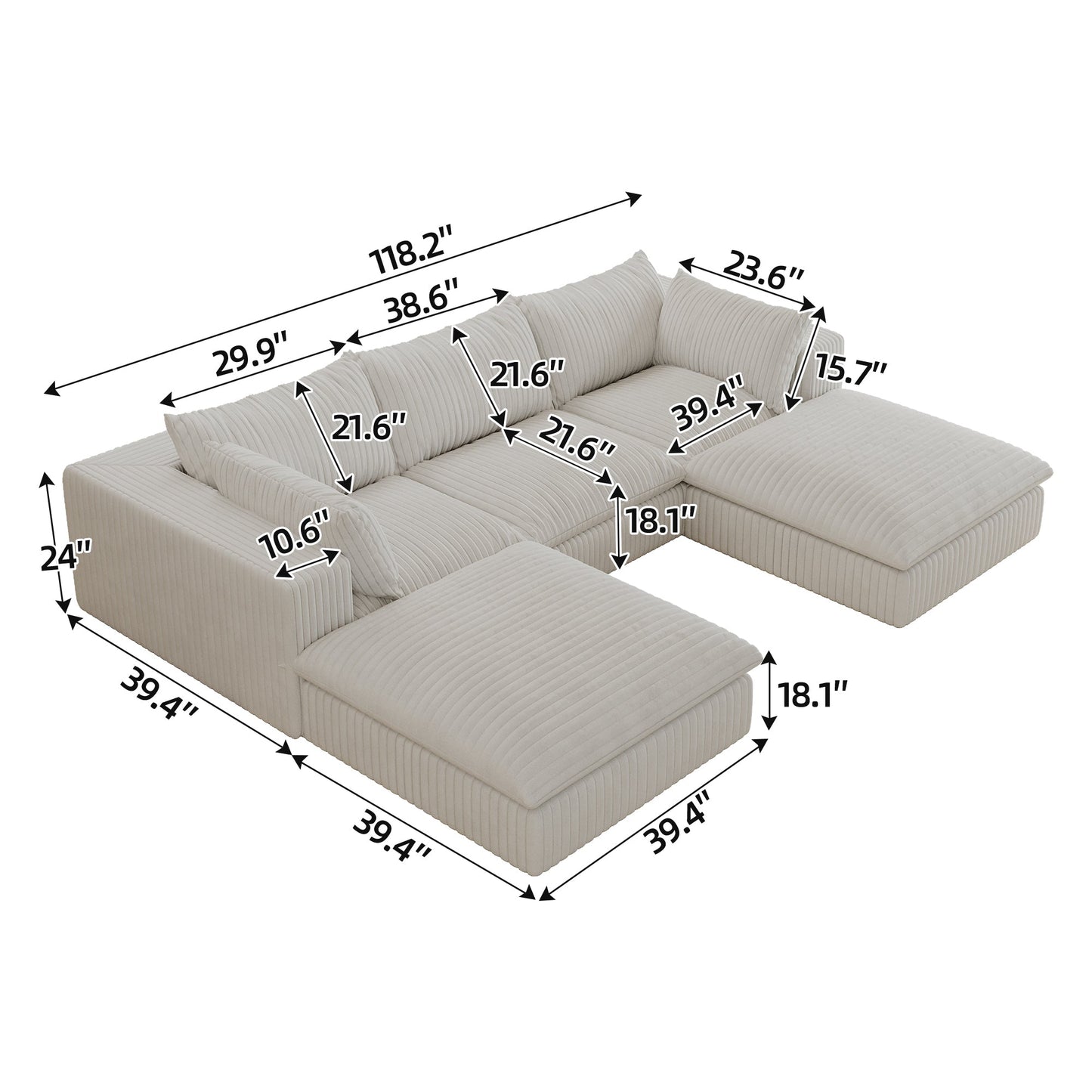 NEW 118.2' White Cloud Corduroy Fabric Deep Seat Double-layer Couch with Removable Cushion