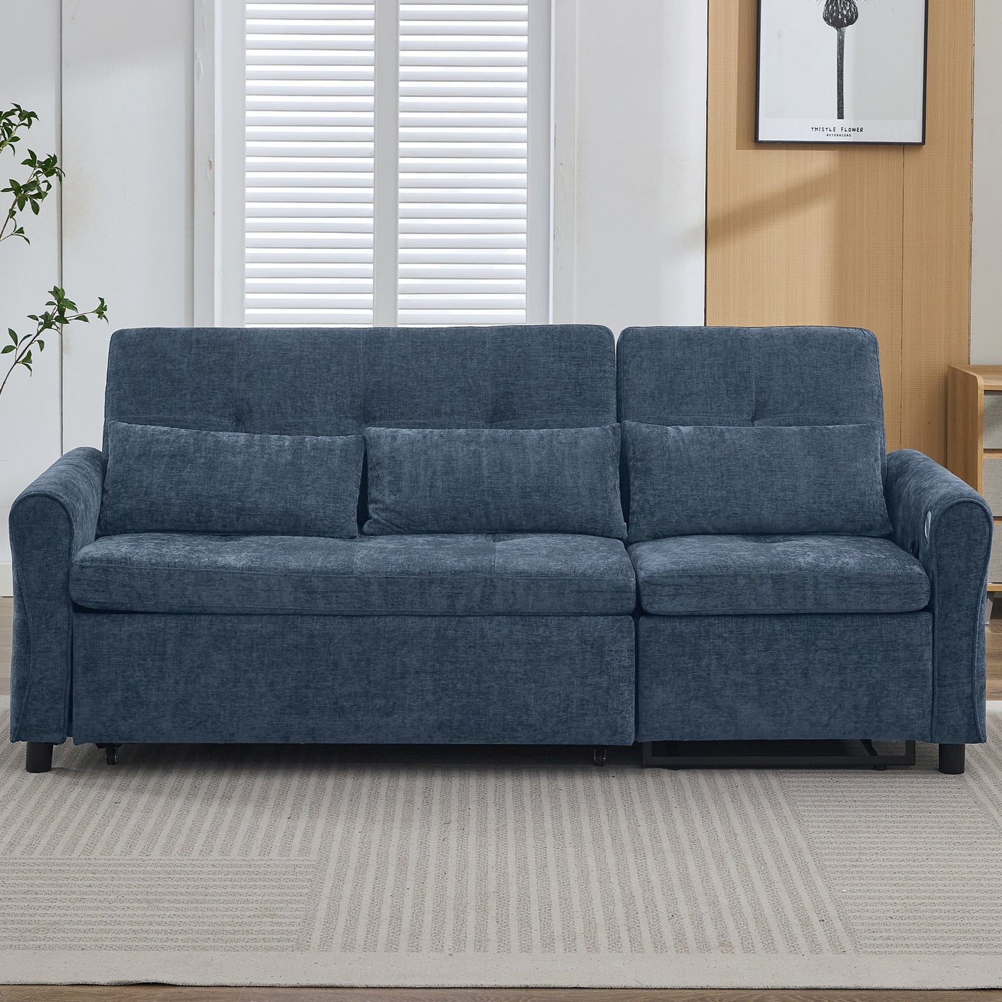 NEW 2-in-1 Sofa 82' Three-seater Sofa with Sofa Bed and Reversible Recliner, Blue Chenille