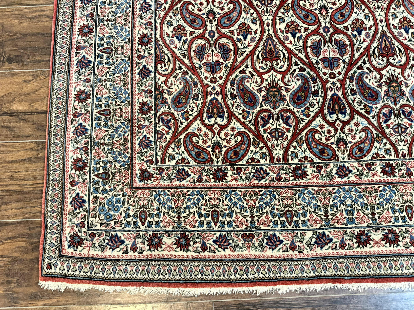 USED Unique Persian Qum Rug 5x7, Repeated Paisely Boteh Design, Ivory Red Blue, Handmade Antique Wool Persian Carpet, Finely Hand Knotted