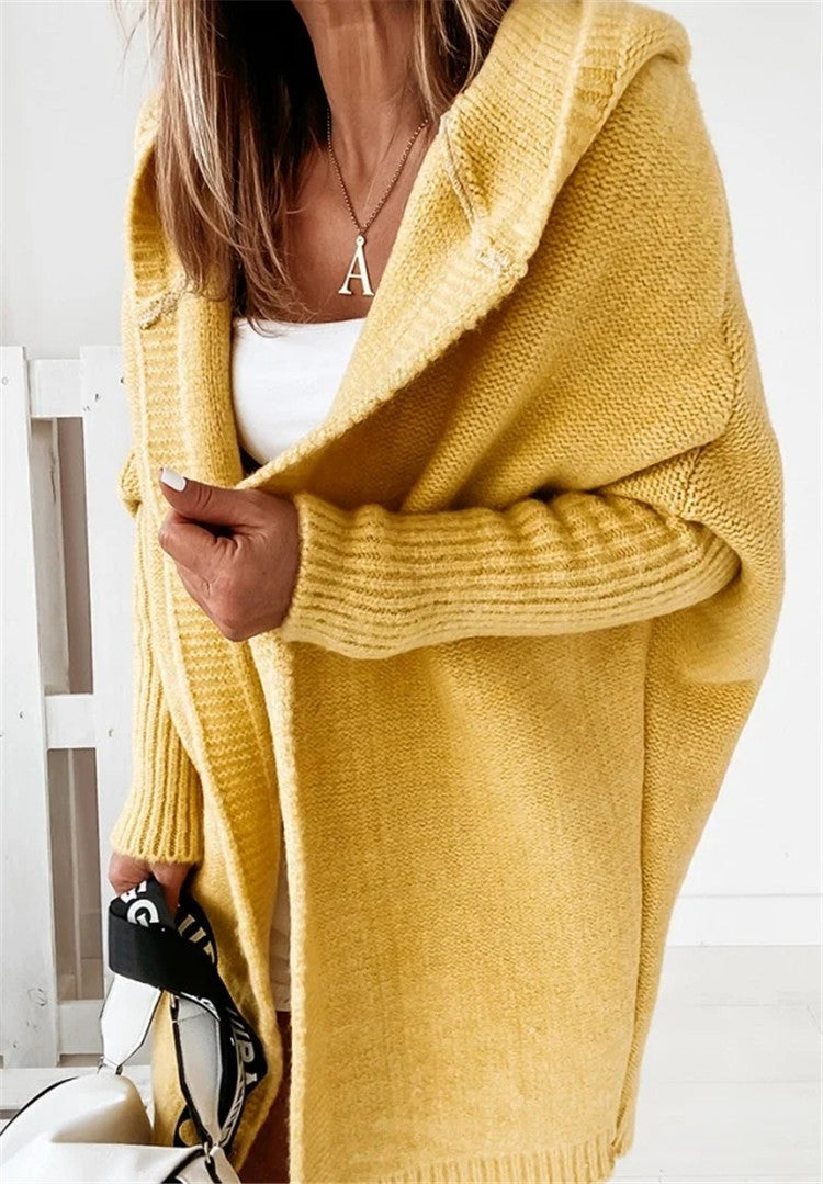 New Fashion Bat Sleeve Hooded Cardigan Oversized Loose Temperament Solid Color Sweater Womens Clothing