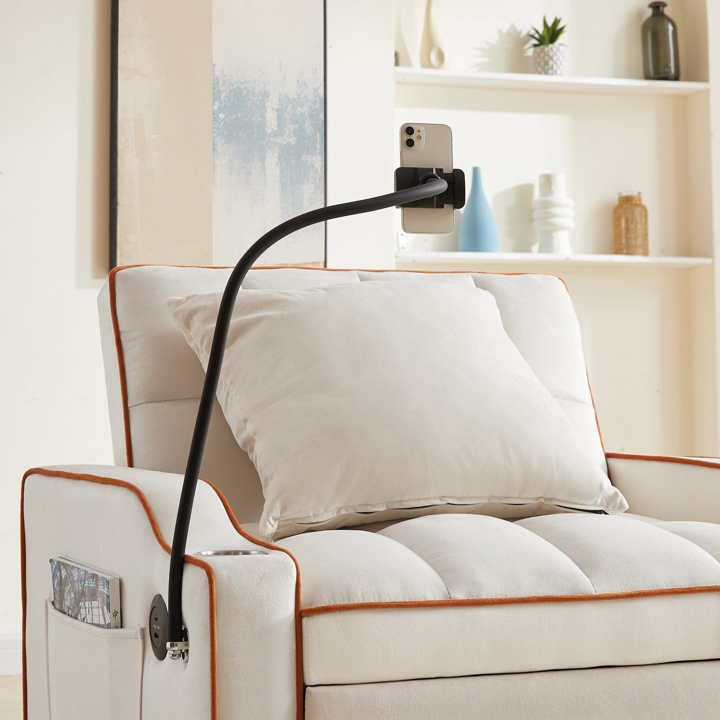 NEW Beige Velvet Convertible 3-in-1 Sofa Bed Couch with USB Port and Multi-Pockets