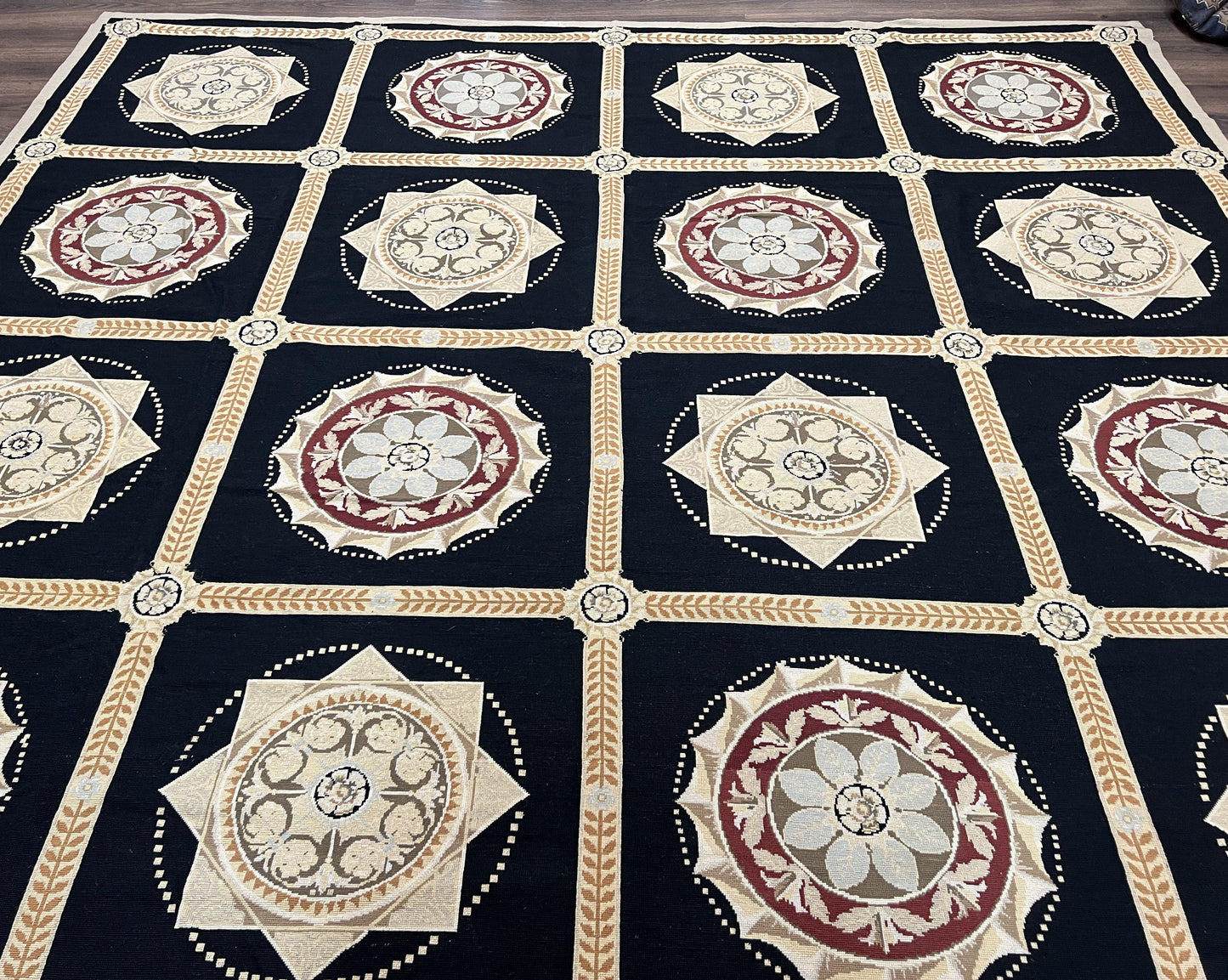 USED Large Needlepoint Rug 10x13, Panel Design, Black and Beige, Wool Needlepoint Carpet 10 x 13, English Garden, Handwoven Area Rug, Living Room