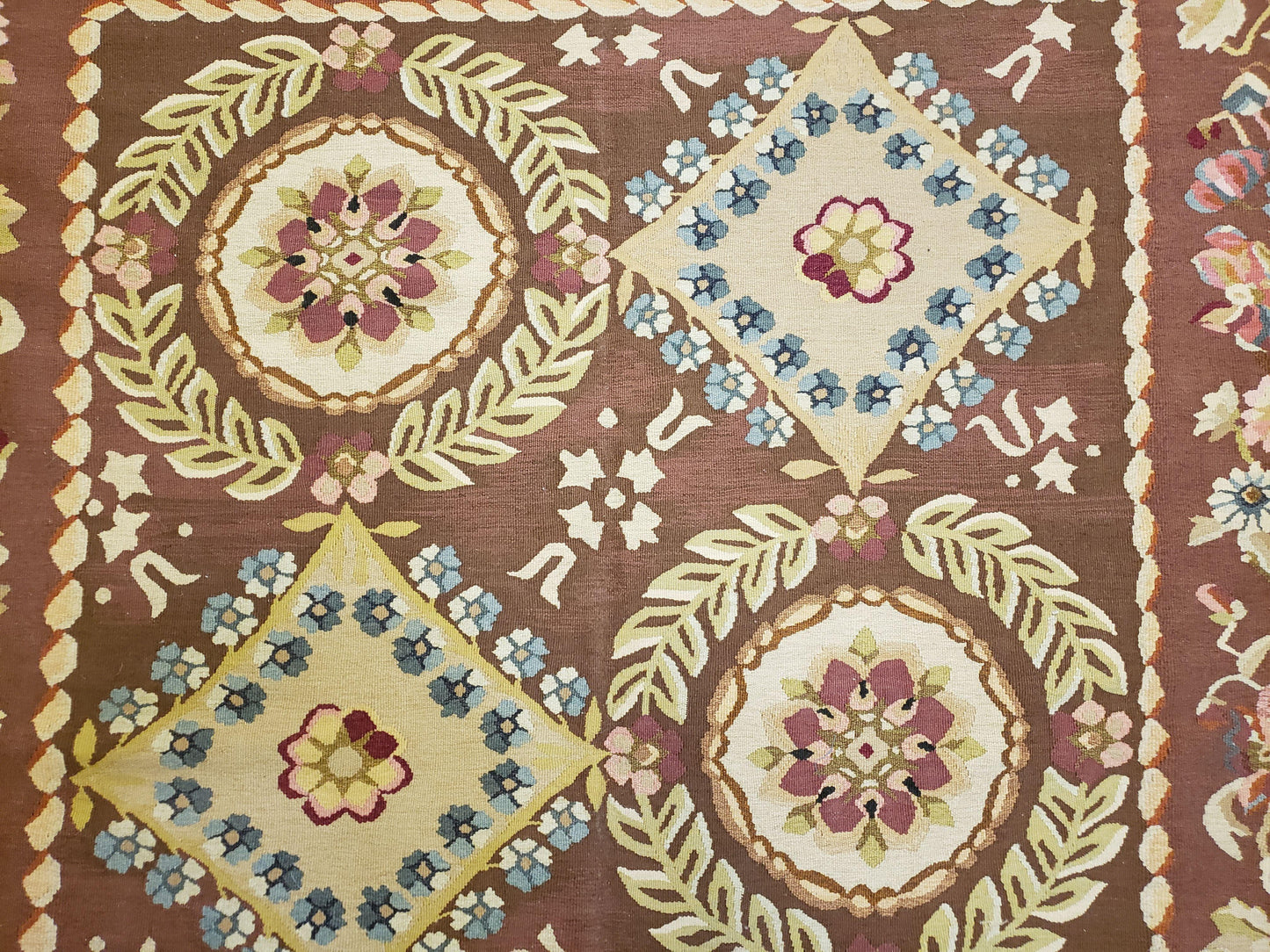 USED Aubusson Rug 6 x 9 Flat Weave Area Carpet European Design Flowers New Brown Rug Handmade Wool Hand-Knotted Aubusson Weave Medium Rug 6x9