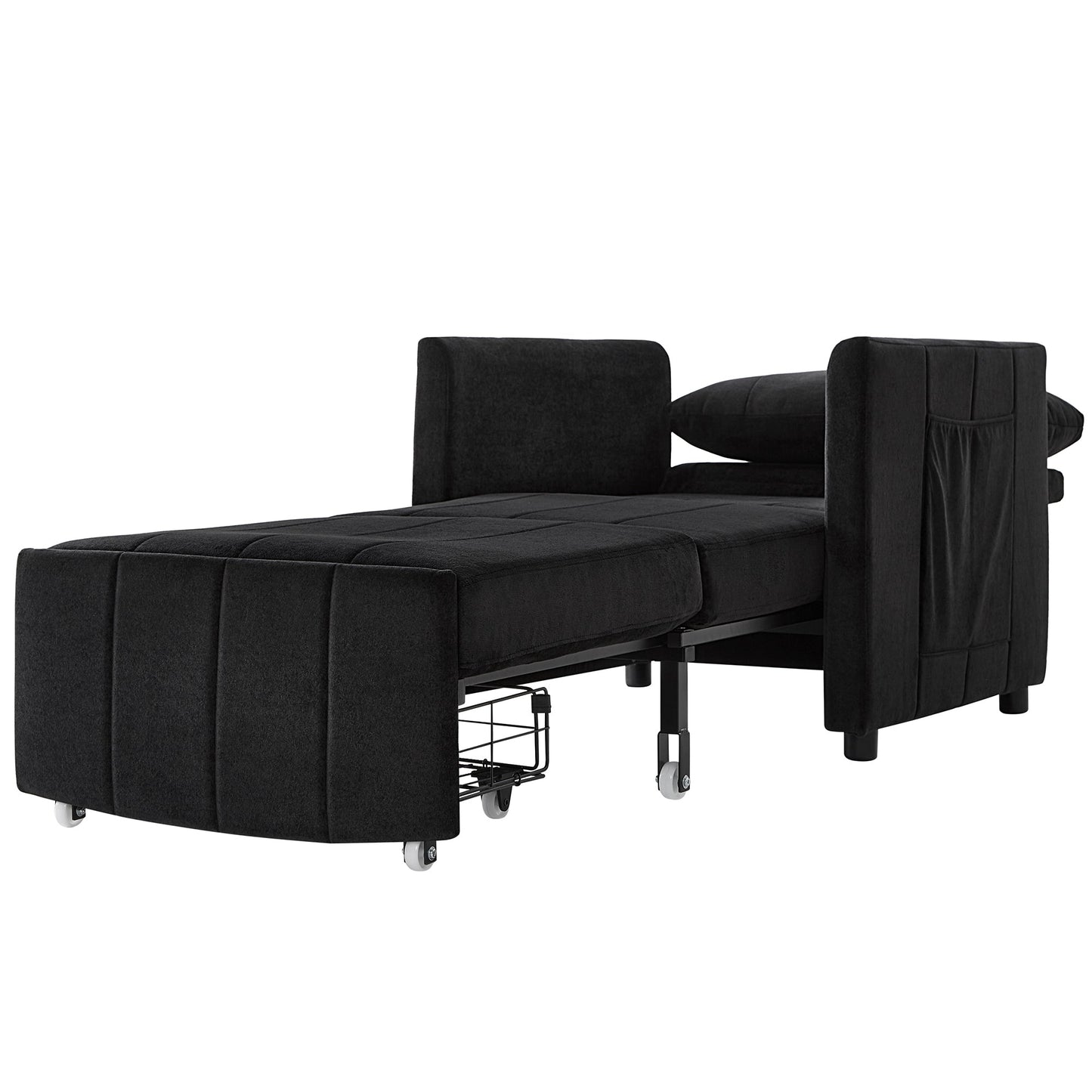 NEW Black Chenille Upholstered Convertible Sleeper Sofa with 5-Position Backrest Side Pockets Storage