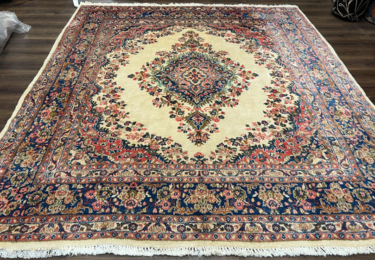 USED Persian Rug 9x10, Hamadan Rug, Antique Oriental Carpet, Wool Rug, Semi Open Field, Cream and Navy Blue, Kirman Design Hand Knotted Almost Square Rug