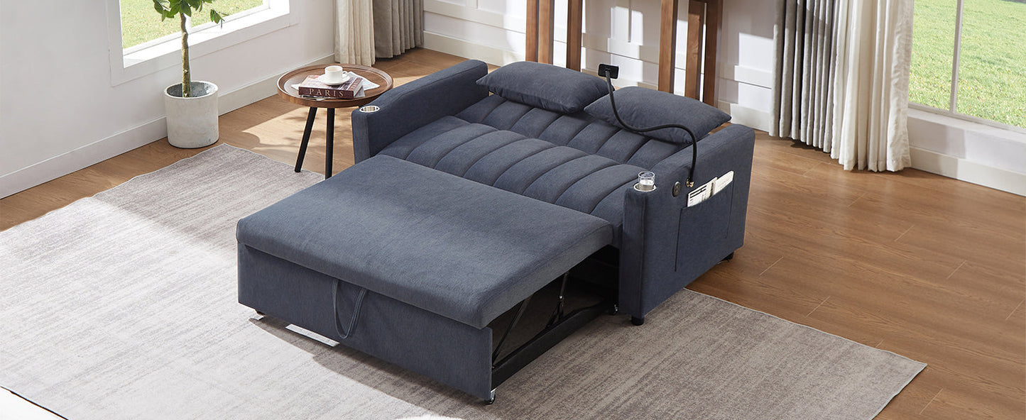 NEW Convertible Sofa Bed Loveseat with USB Ports, Side Pockets, Cup Holders, and Phone Holder in Blue Grey Bella Fabric, 55.9'