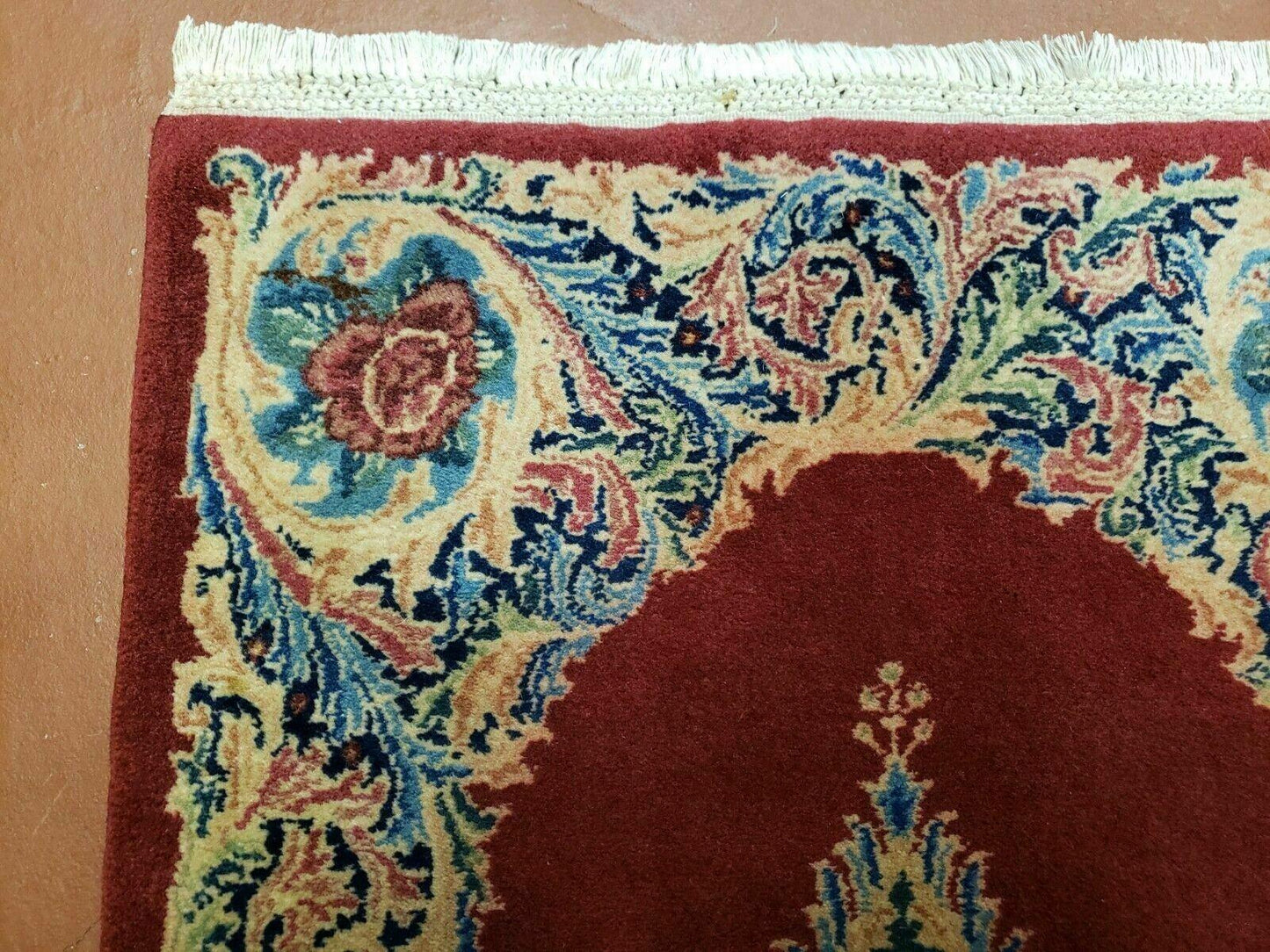 USED Small Persian Kirman Rug 2x4, Wool Oriental Vintage Handmade Carpet, Hand Knotted Floral Medallion, Red & Beige, Semi Open Field
