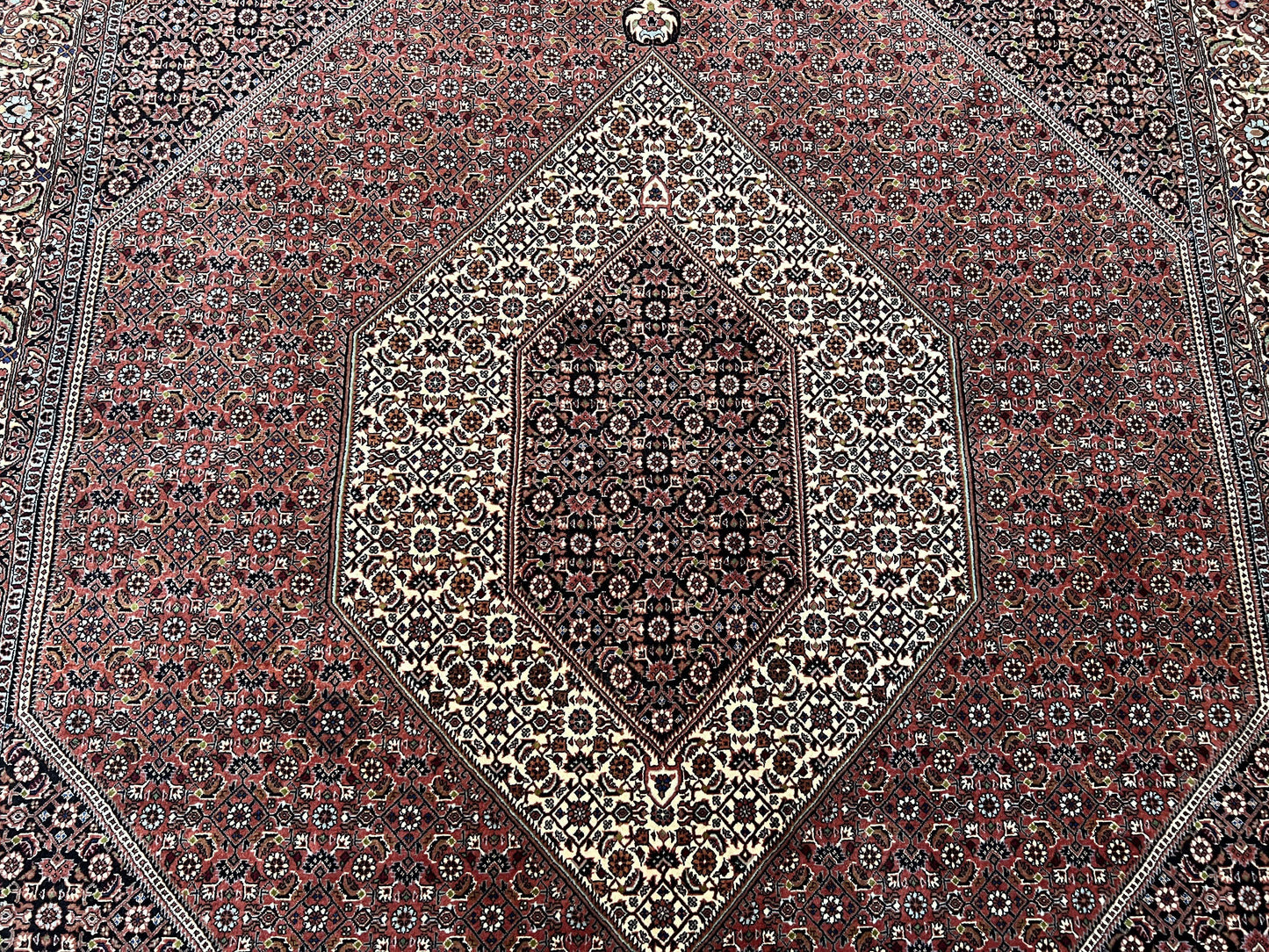 USED Wonderful Persian Bidjar Rug 7x8 ft, Almost Square Oriental Carpet, Herati Mahi, Highly Detailed, Ivory Red Navy Blue, Very Fine Handmade Bijar Rug