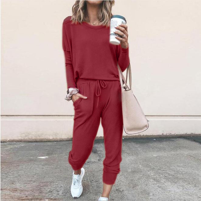 New Women's Long Sleeve Suit Fashion Pullover Top And Pockets Drawstring Long Pants Solid Color Casual Sports Trouser Suit Clothing