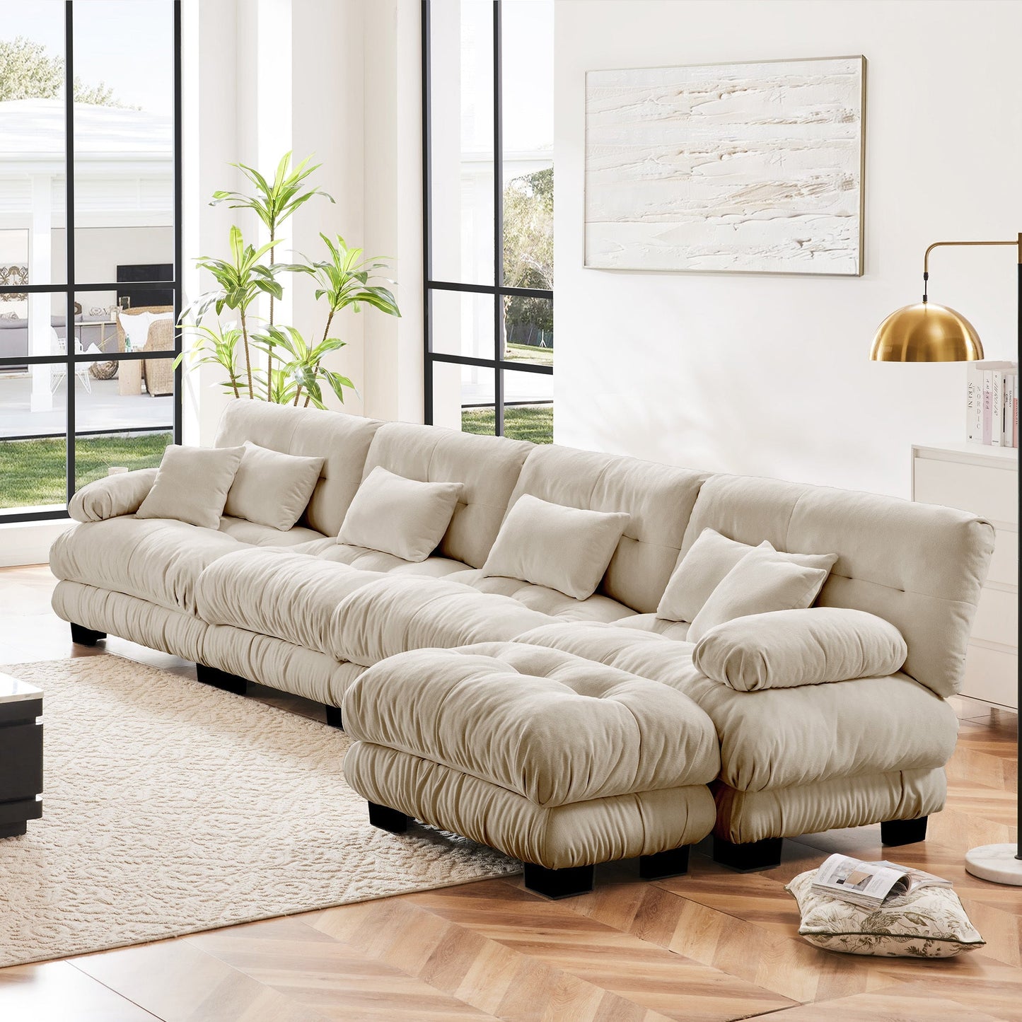 NEW Free Combination Chenille Light Coffee Modular Sectional L Shaped 4-Seater Comfy Cloud Sofa Couch with Convertible Ottoman