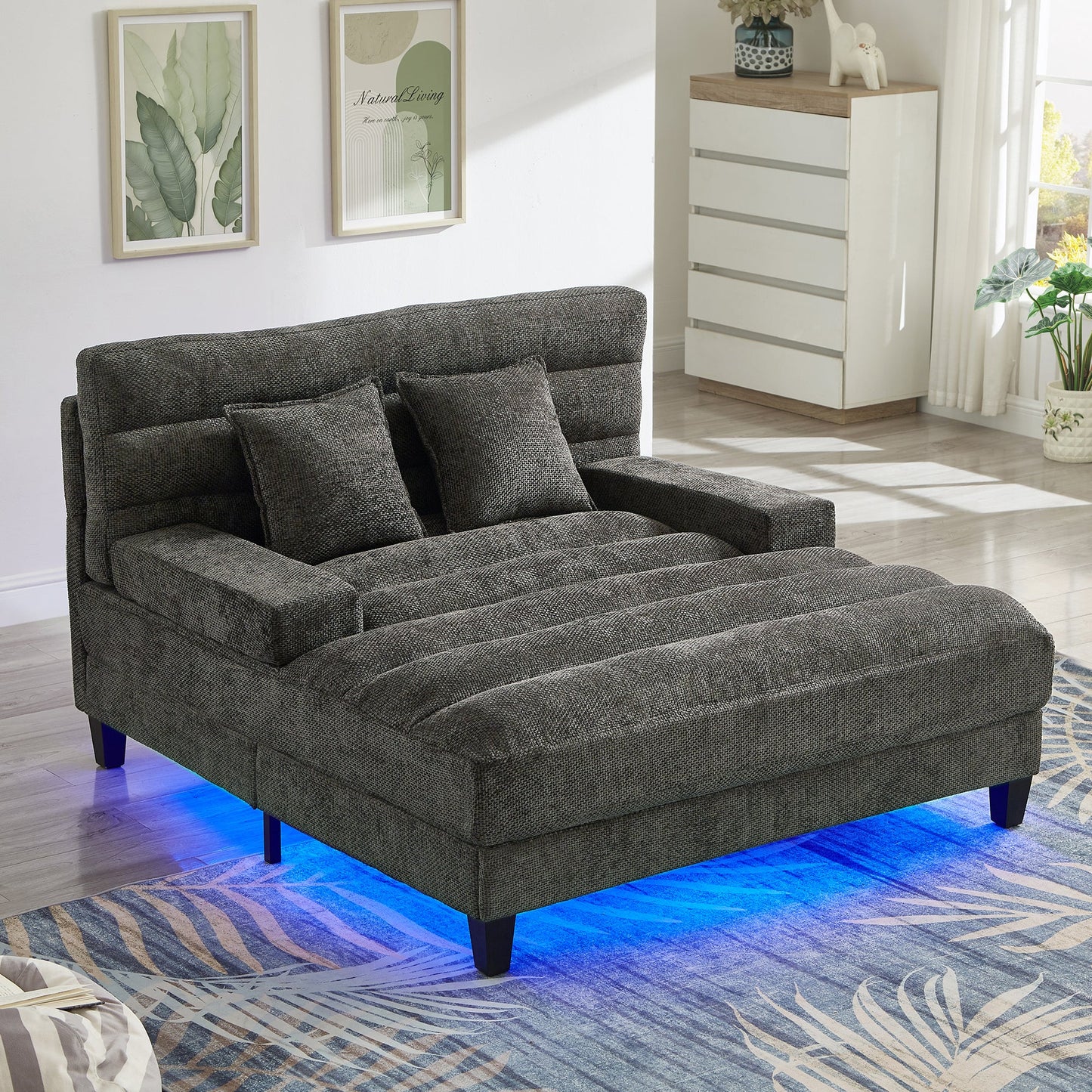 NEW  Grey Chenille LED Light Strip Upholstered Modern Chaise Lounge Sofa Bed
