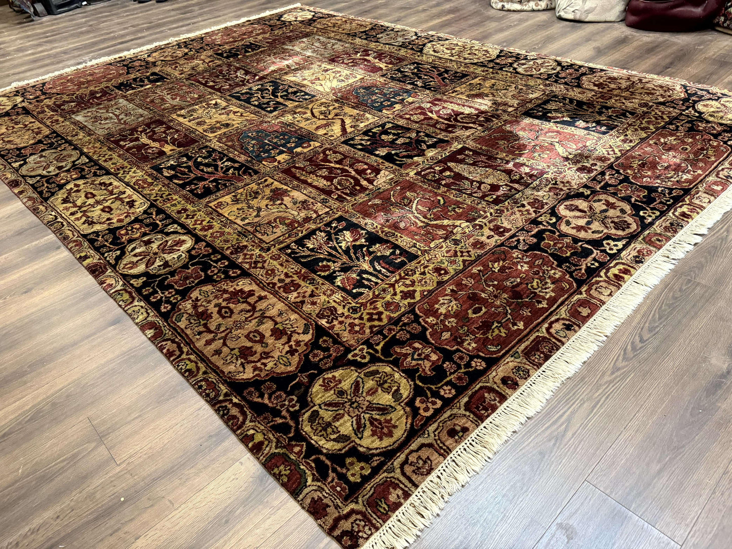 USED Indo Persian Rug 9x12, Bakhtiari Panel Design, Multicolor, Soft Wool Pile