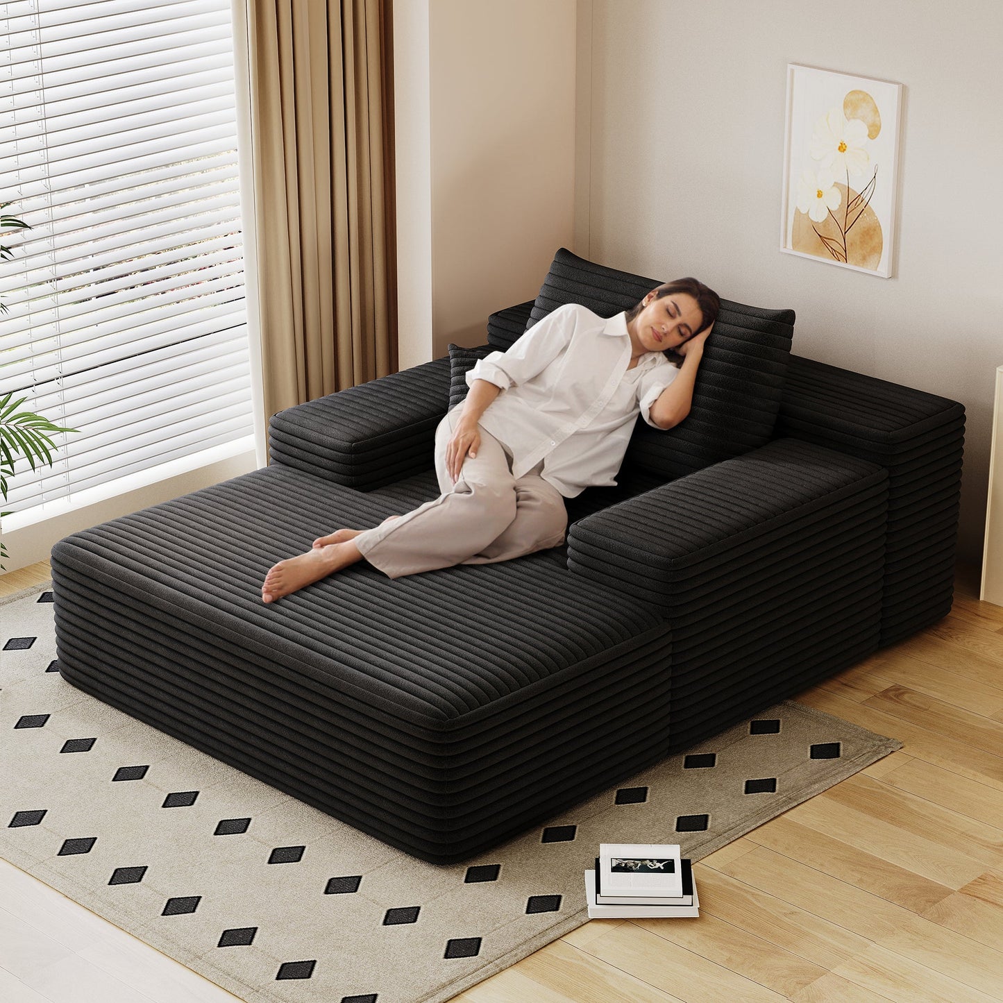 NEW Modern Black Plush Corduroy Fabric Sofa Bed Lounger
