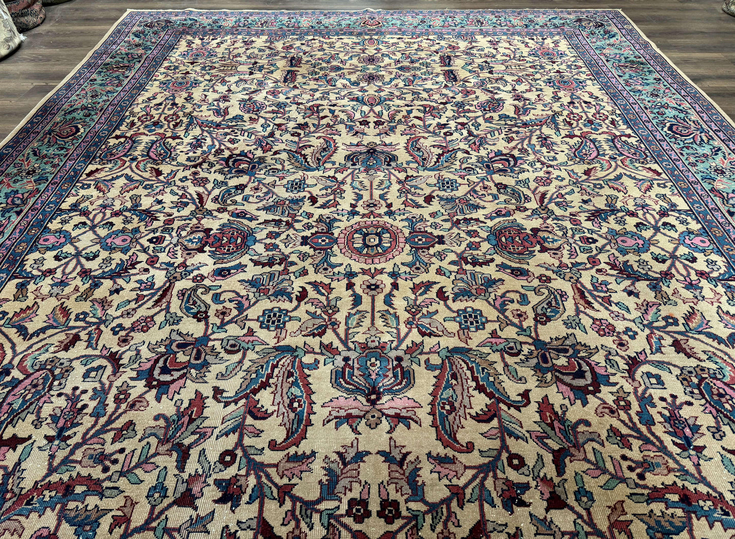 USED Antique Persian Rug 10x15, Camel and Cyan, Allover Pattern, Rare, Samarkand Rug
