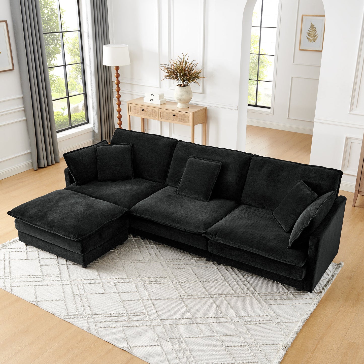 NEW Modern Home Living Room L-Shaped Sectional Sofa Couches with Ottoman, Convertible Oversized 4 Seater Couch Towel Fabric, Black