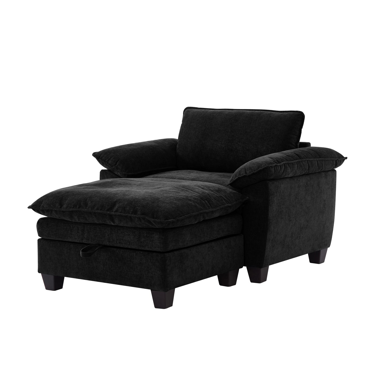NEW 51' Oversize Chaise Lounge Chair with Ottoman and Storage  Upholstered Soft Chenille Black