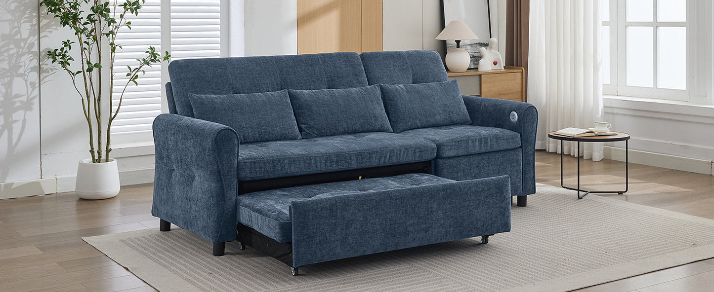 NEW 2-in-1 Sofa 82' Three-seater Sofa with Sofa Bed and Reversible Recliner, Blue Chenille