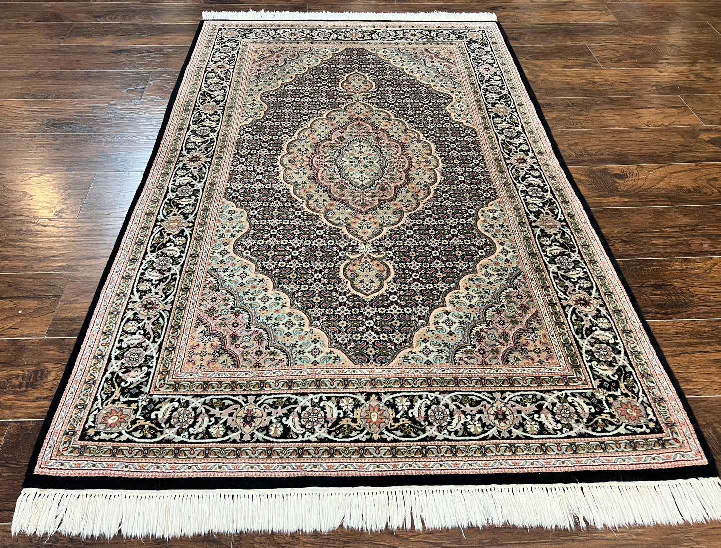 USED Sino Persian Rug 4x6, Fine Hand Knotted Carpet, Black, Wool, Vintage Rug 4 x 6, Herati Mahi, 300 KPSI