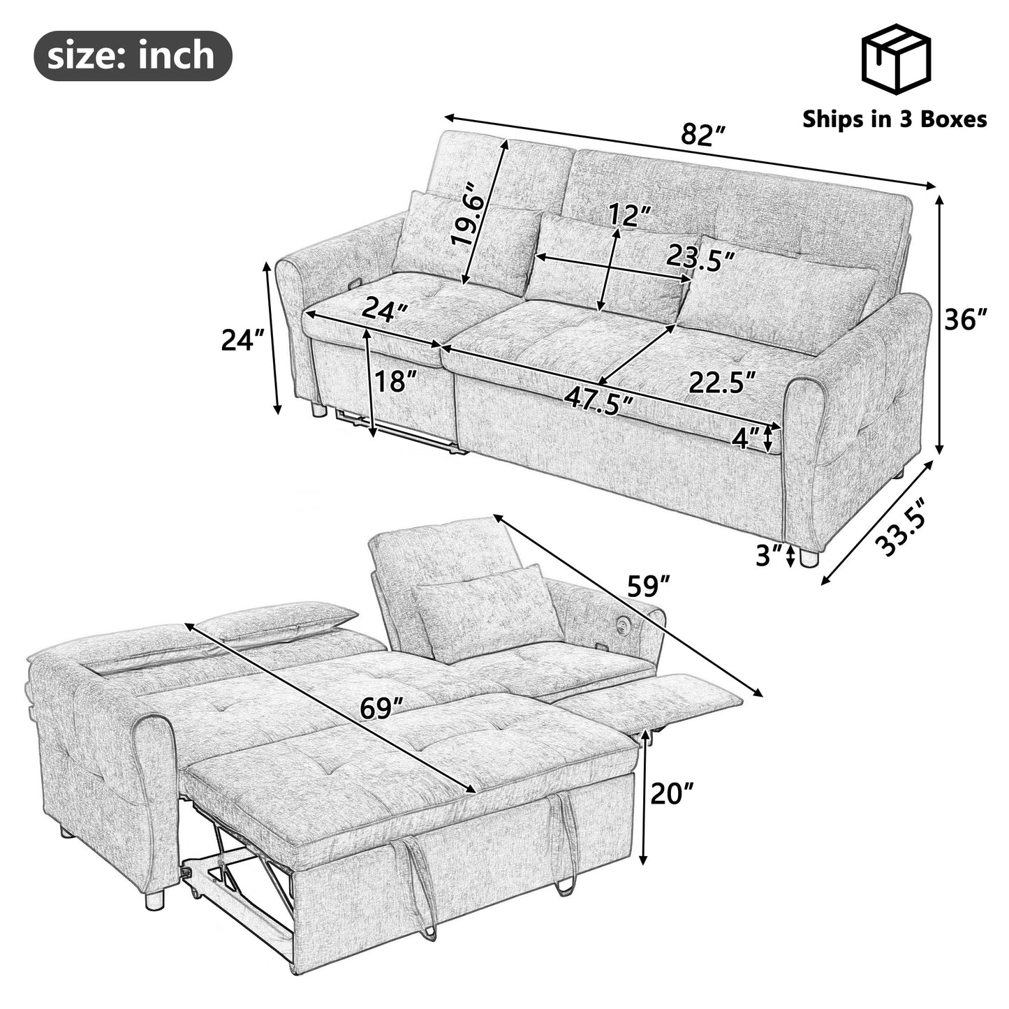 NEW Beige 82' Chenille Upholstered Two-in-One  Three-Seat Sofa with Pull-out Bed