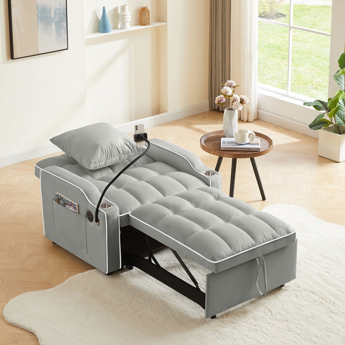 NEW 3-in-1 Grey Velvet Convertible Adjustable Pull Out Sleeper Chair Sofa Bed with Multi-Pockets