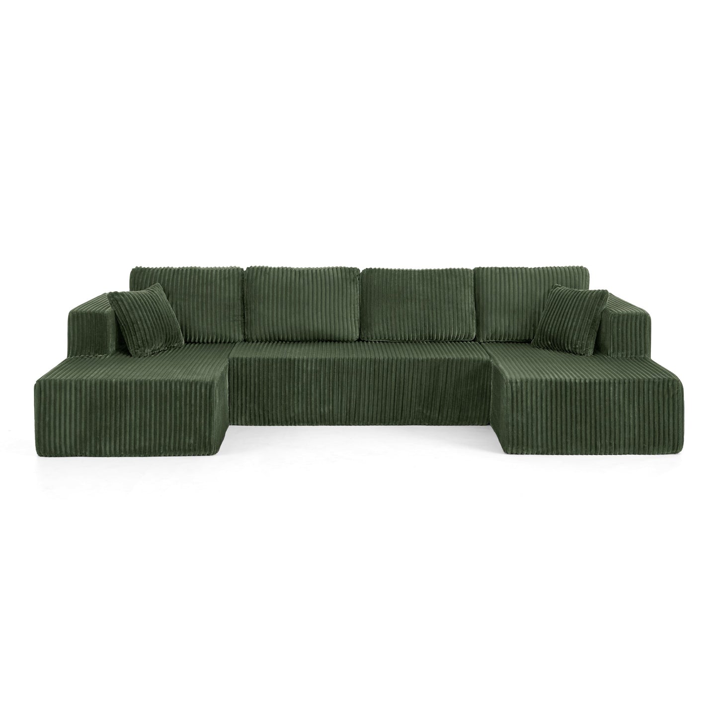 NEW Modern Minimalist U Shape Modular Sectional Sofa Sleeper in Green Corduroy with Foam Filling