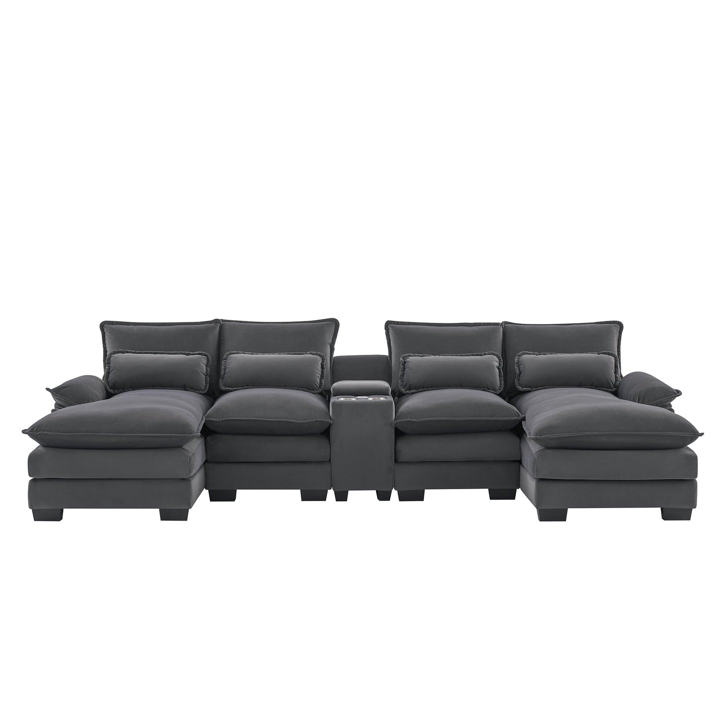 NEW Modern Gray Velvet Upholstered U-shaped 6-Seat Sofa with Console Cupholders and USB Ports