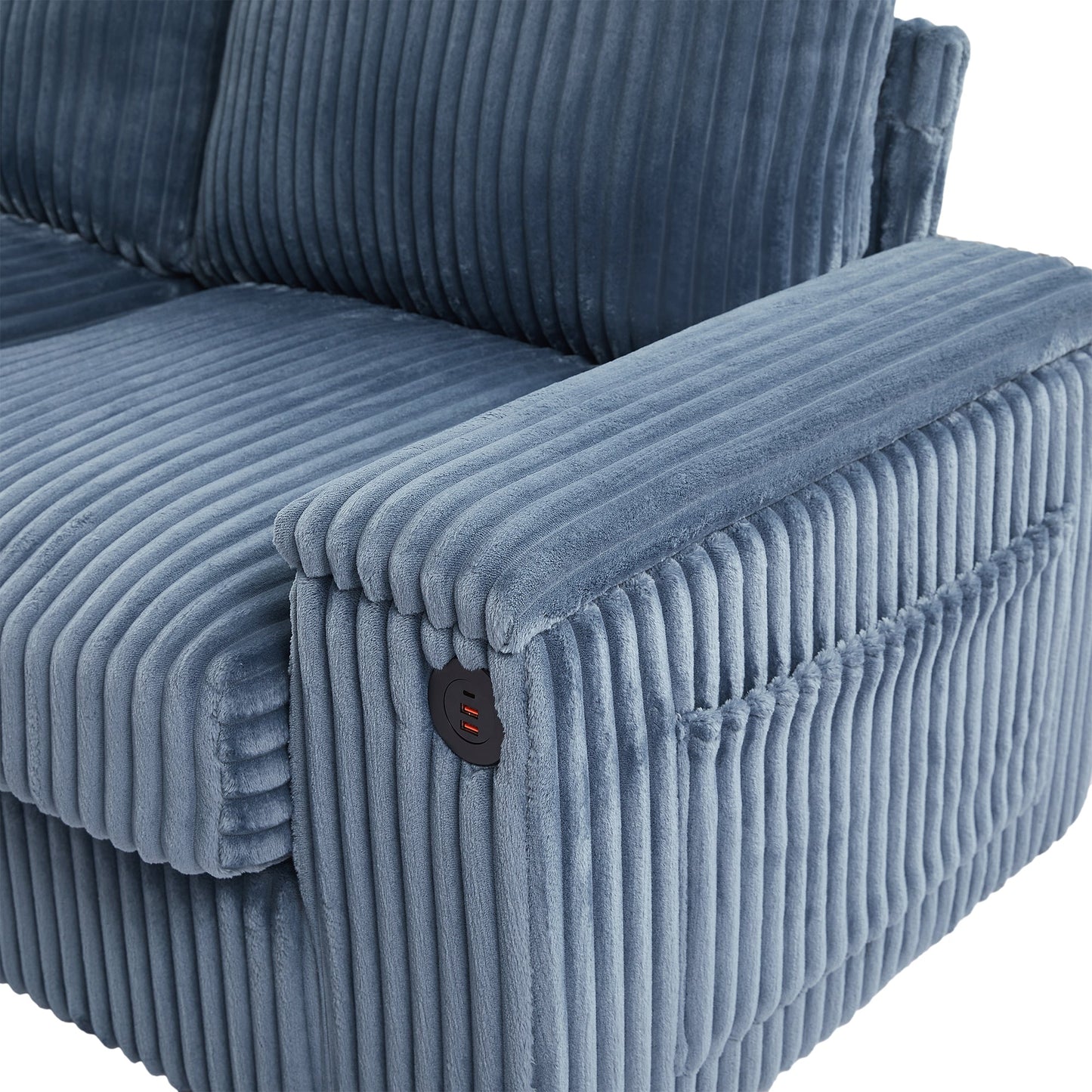 NEW Modern 4-Seater Corduroy Sofa Couch with USB Ports, Hidden Storage, Flip-Top Cup Holders, Blue, 133'