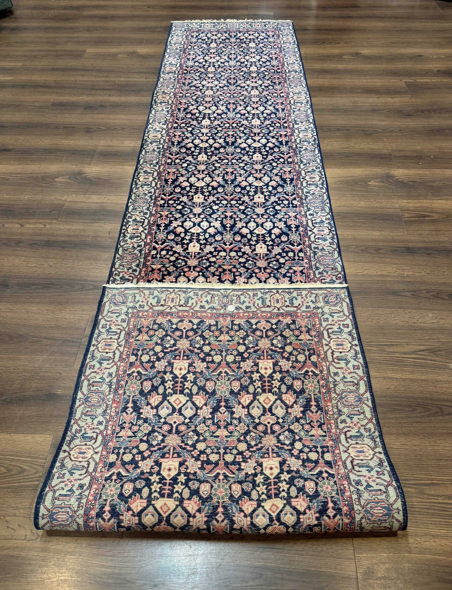 USED Indo Persian Runner Rug 2.8 x 12, Navy Blue, Floral, Fine 270 KPSI