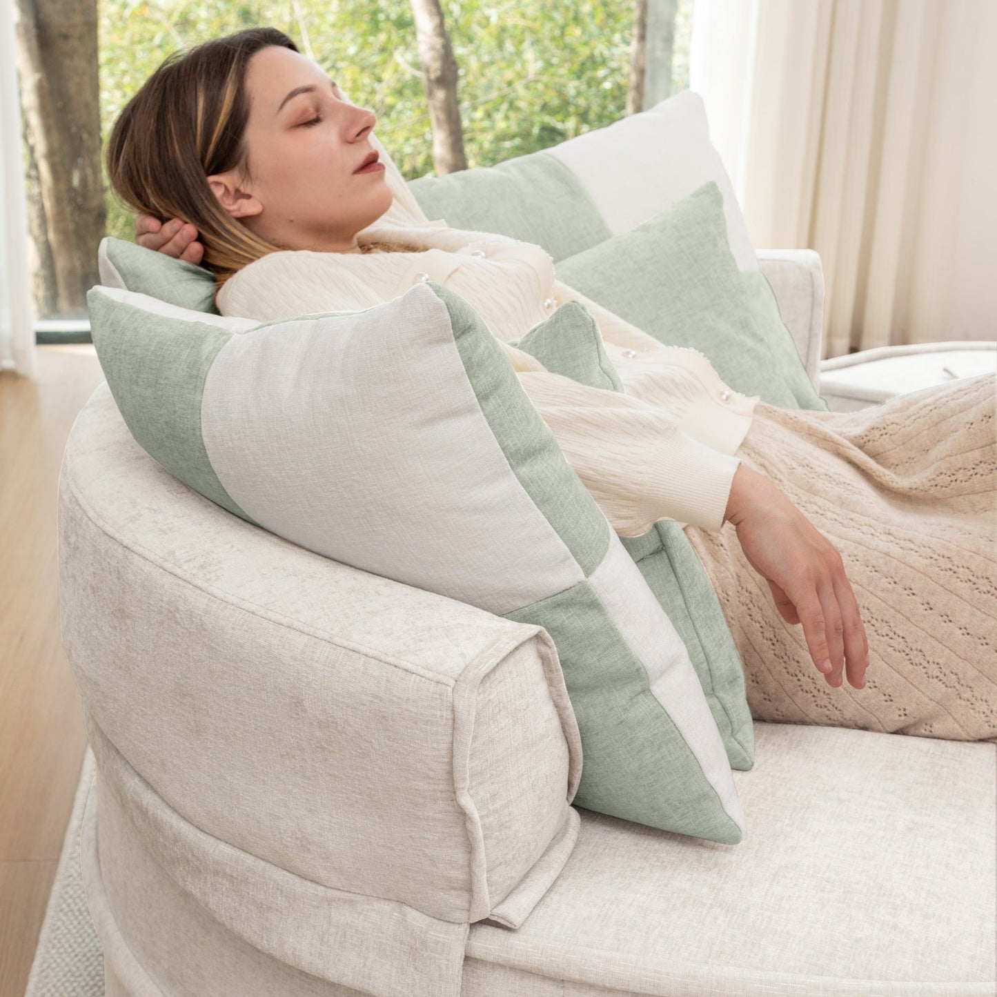 NEW Modern Oversized Beige Round Barrel Velvet Upholstered Lounge Armchair Accent Chair with Ottoman and 5 Pillows