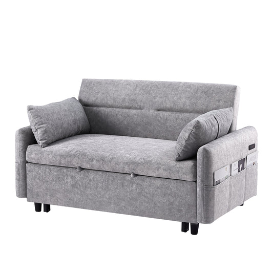 NEW Contemporary Grey Pull Out Sleep Sofa Bed Loveseat with Adjustable Backrest Storage Pockets USB Ports and 2 Soft Pillows