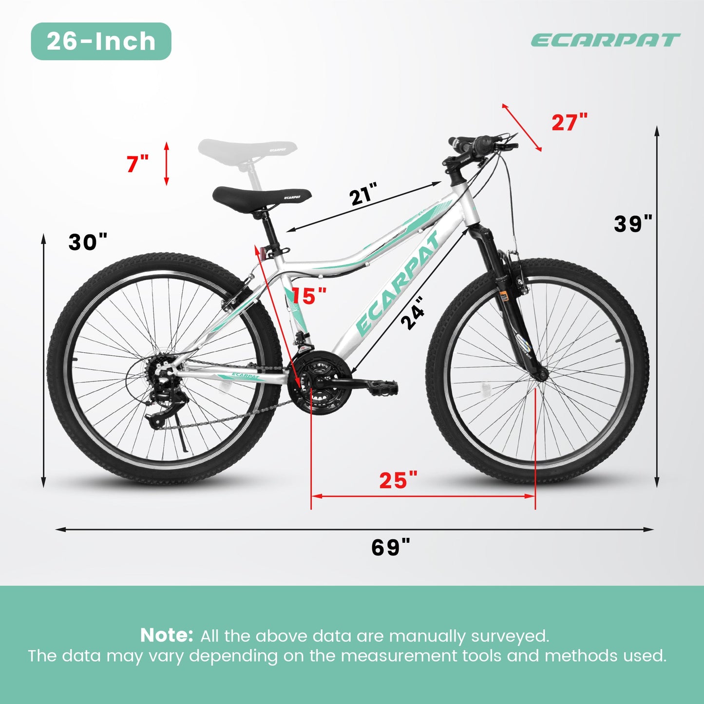 NEW A26208 Ecarpat 26  Inch Mountain Bike, 21-Speed V-Brake, Front Suspension,  Carbon Steel Frame Mountain Bike For  Teenagers Girls Women Bicycles