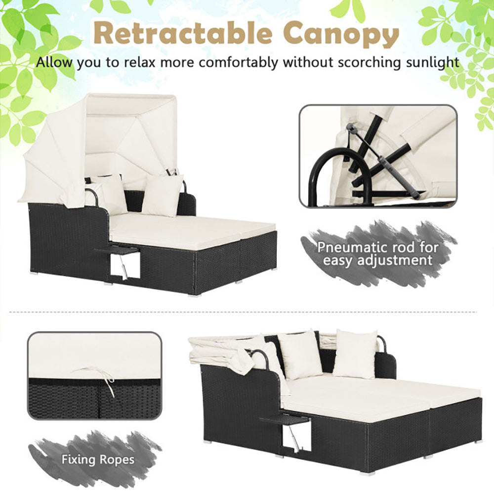 NEW Outdoor Patio Rattan Wicker Daybed With Retractable Canopy And Side Tables