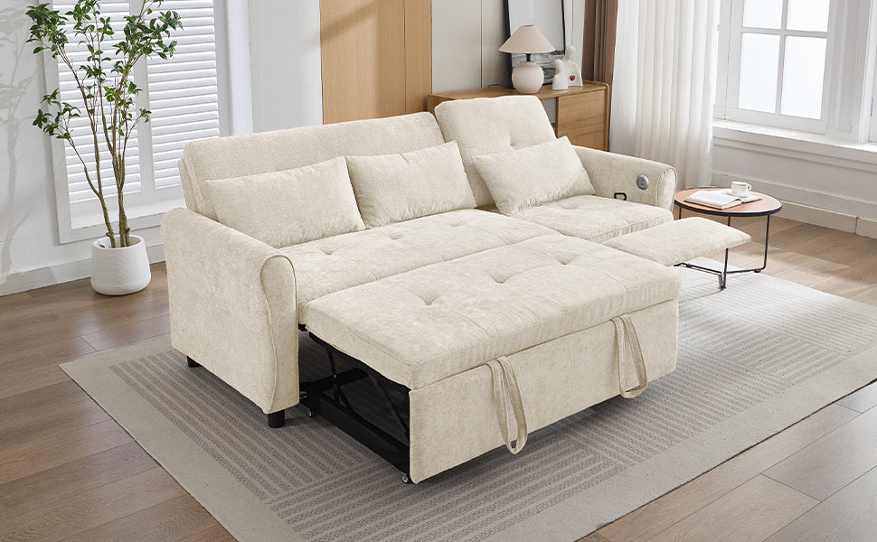 NEW Beige 82' Chenille Upholstered Two-in-One  Three-Seat Sofa with Pull-out Bed