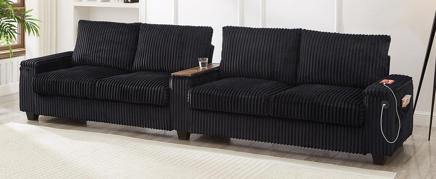 NEW Modern 4-Seater Black Corduroy Sofa Couch with USB Ports and Hidden Storage