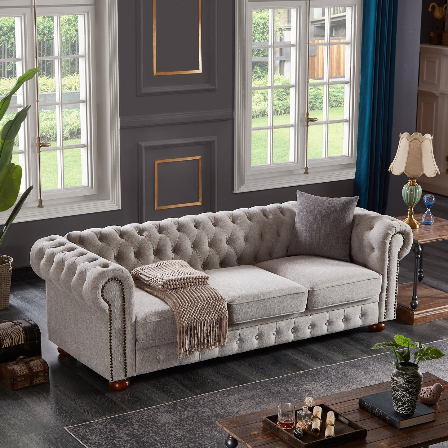 NEW Light Grey Linen Fabric Chesterfield Sofa Couch