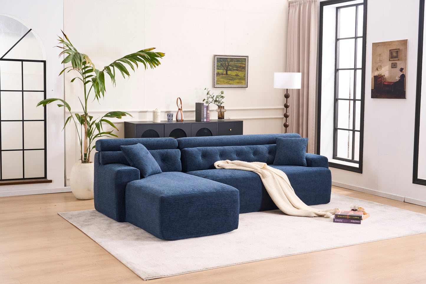NEW 105'' Blue Cloud Sectional Couch with L-Shape Chaise Modern Modular Deep Seat Boneless Sofa