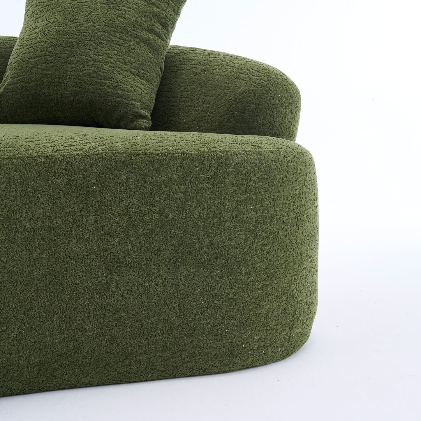 NEW Green Curved Loveseat: Compressed No Assembly, Chenille Small Sofa, 30D Sponge, Compact for Apartments, 65' L, 300Lbs, 3 Pillows